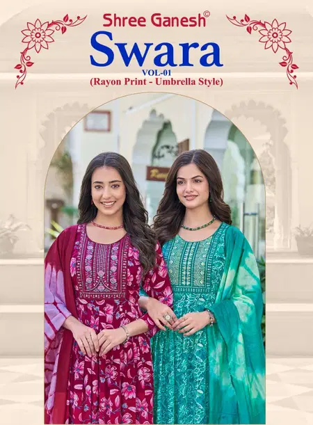 Swara Vol 1 By Shree Ganesh Rayon Umbrella Cut Kurti Set